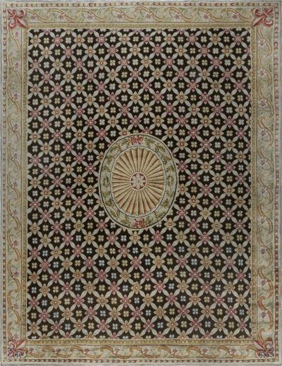 Antique English Axminster Beige Brown Green Orange Pink Handmade Wool Rug