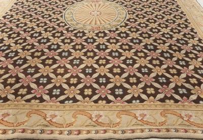 Antique English Axminster Beige Brown Green Orange Pink Handmade Wool Rug