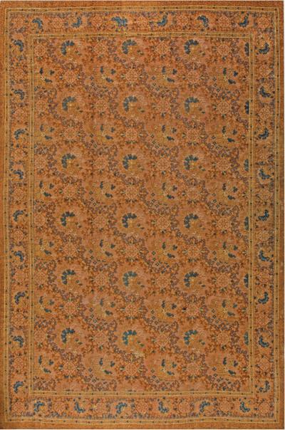 Antique English Axminster Botanic Earthy Brown Blue Wool Carpet
