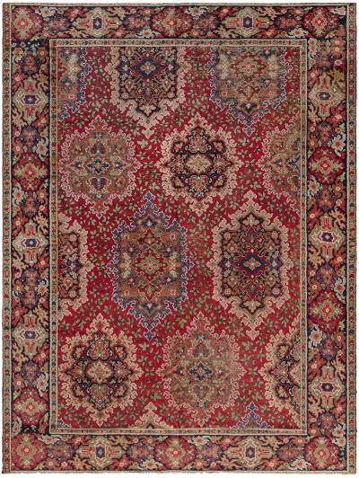 Antique English Axminster Botanic Red Blue and Beige Handwoven Wool Rug