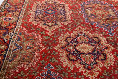 Antique English Axminster Botanic Red Blue and Beige Handwoven Wool Rug
