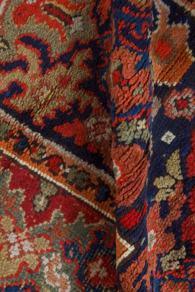 Antique English Axminster Botanic Red Blue and Beige Handwoven Wool Rug