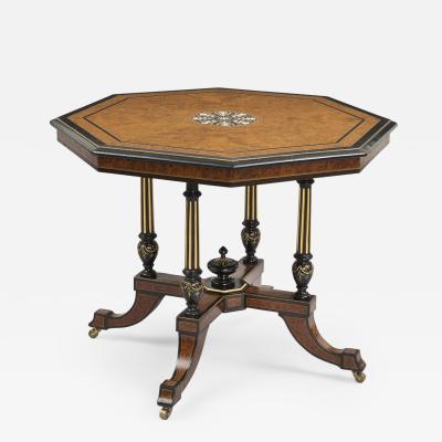 Antique English Burl Elm Ebonized Inlaid Center Table Circa 1860