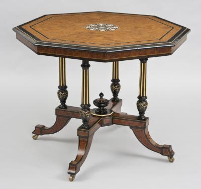 Antique English Burl Elm Ebonized Inlaid Center Table Circa 1860