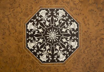 Antique English Burl Elm Ebonized Inlaid Center Table Circa 1860