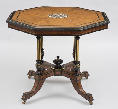 Antique English Burl Elm Ebonized Inlaid Center Table Circa 1860