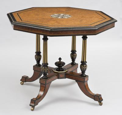 Antique English Burl Elm Ebonized Inlaid Center Table Circa 1860