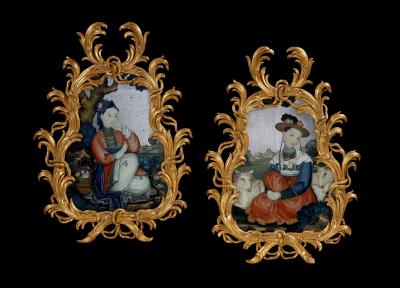 Antique English Chinese Export Reverse Glass Mirror Paintings 18th C 
