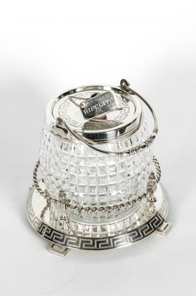 Antique English Cut Crystal Silver Plate Barrel Biscuit