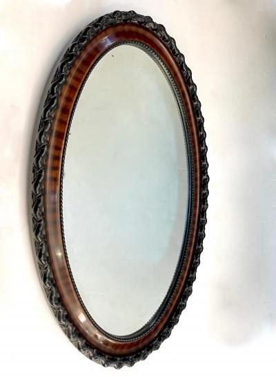 Antique English Edwardian Ebony Macassar Veneer Black Brown Oval Mirror