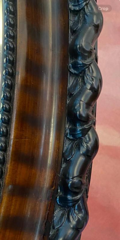 Antique English Edwardian Ebony Macassar Veneer Black Brown Oval Mirror