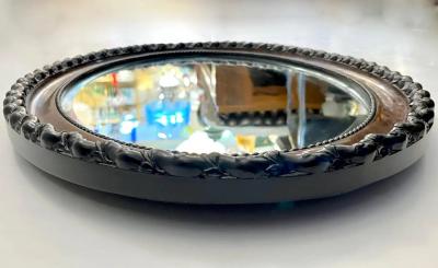 Antique English Edwardian Ebony Macassar Veneer Black Brown Oval Mirror