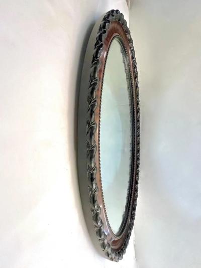Antique English Edwardian Ebony Macassar Veneer Black Brown Oval Mirror