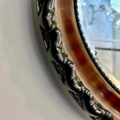 Antique English Edwardian Ebony Macassar Veneer Black Brown Oval Mirror