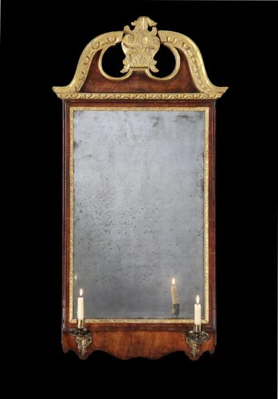 Antique English George II Period Walnut and Parcel Gilt Mirror Looking Glass