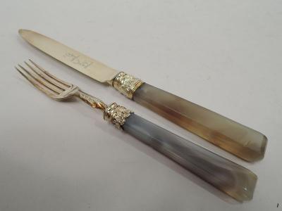 Antique English Gilt Sterling Silver Agate Fruit Set for 12