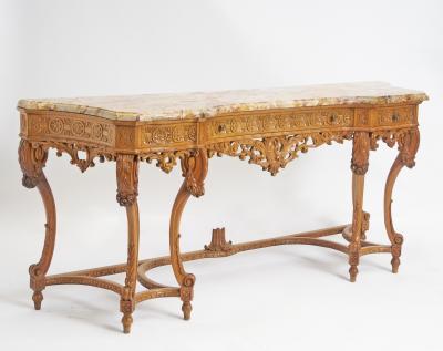 Antique English Hand Carved Oak Wood Marble Top Continental Console Table