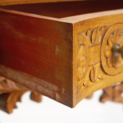 Antique English Hand Carved Oak Wood Marble Top Continental Console Table