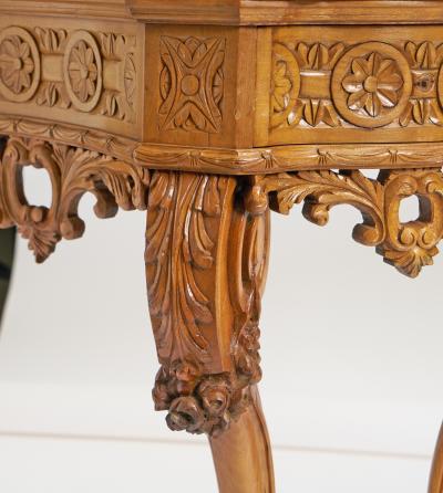 Antique English Hand Carved Oak Wood Marble Top Continental Console Table