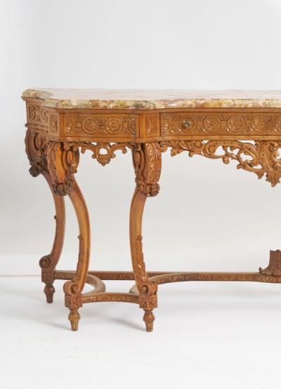 Antique English Hand Carved Oak Wood Marble Top Continental Console Table