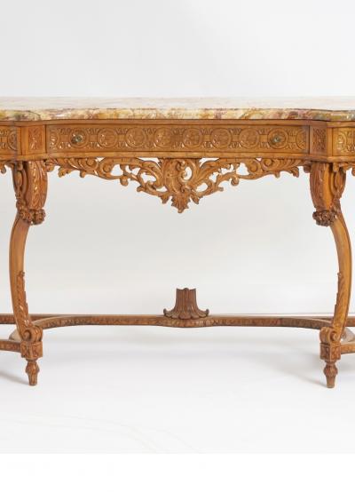 Antique English Hand Carved Oak Wood Marble Top Continental Console Table
