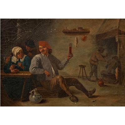 Antique English Interior Tavern Scene Oil Painting