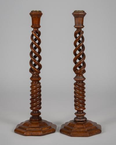 Antique English Pair Walnut Open Barley Twist Candlesticks