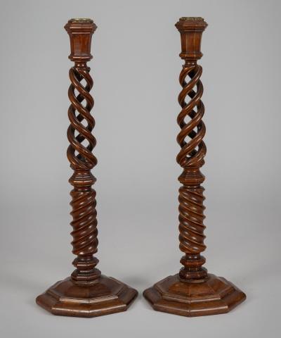Antique English Pair Walnut Open Barley Twist Candlesticks