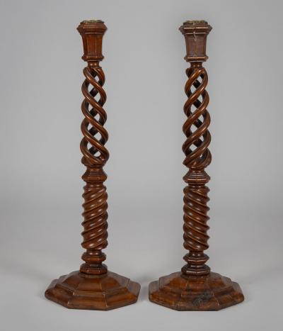 Antique English Pair Walnut Open Barley Twist Candlesticks