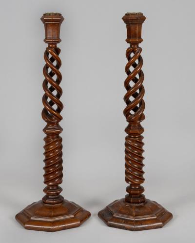 Antique English Pair Walnut Open Barley Twist Candlesticks
