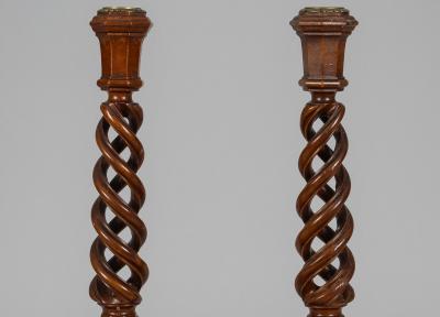 Antique English Pair Walnut Open Barley Twist Candlesticks