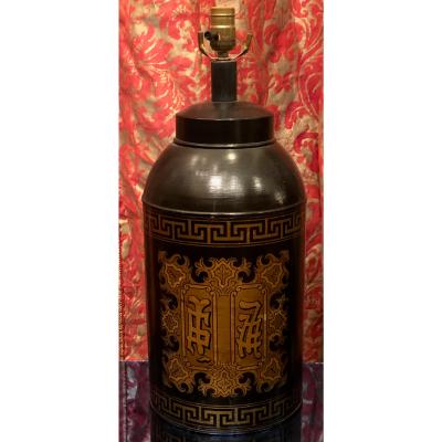 Antique English Regency Style Black Gold Tole Tea Canister Lamp