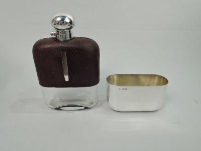 Antique English Sterling Silver Leather Easy Grip Safari Flask