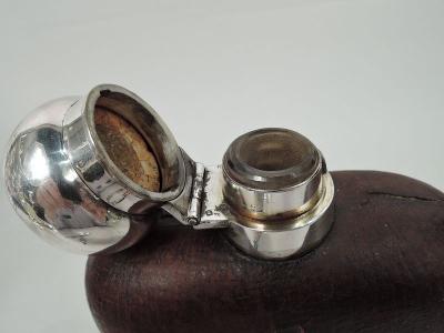 Antique English Sterling Silver Leather Easy Grip Safari Flask