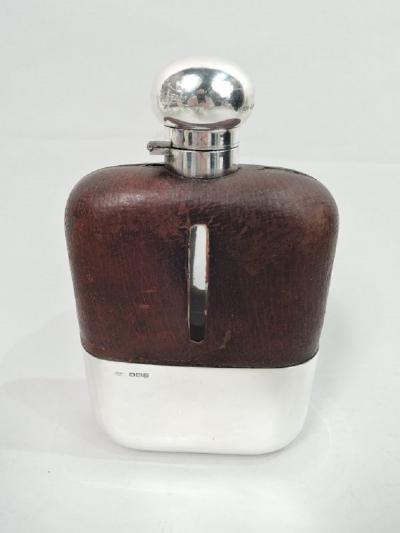 Antique English Sterling Silver Leather Easy Grip Safari Flask