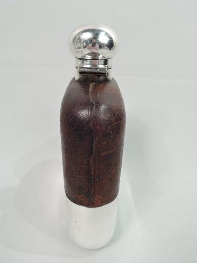 Antique English Sterling Silver Leather Easy Grip Safari Flask