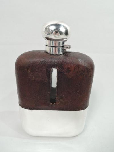 Antique English Sterling Silver Leather Easy Grip Safari Flask