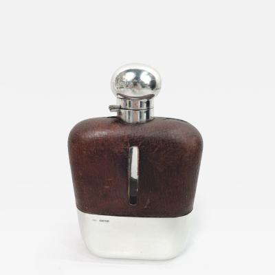 Antique English Sterling Silver Leather Easy Grip Safari Flask