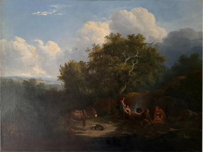 Antique European Landscape Oil Painting of Peasants in a Landscape