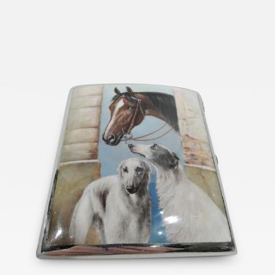 Antique European Silver Enamel Horse Case with Borzoi Dogs