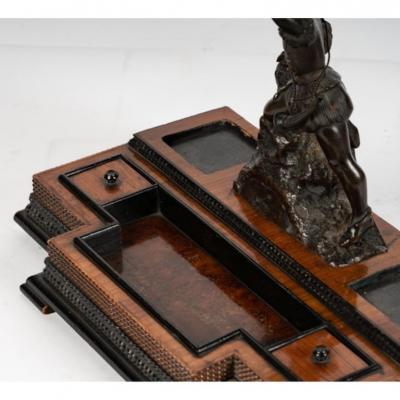 Antique Flemish Bronze Ebony Sculpture Ink Stand
