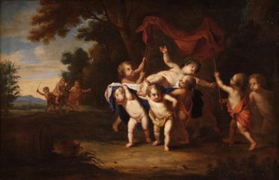 Antique Flemish painting from the 18th century Bacchanal