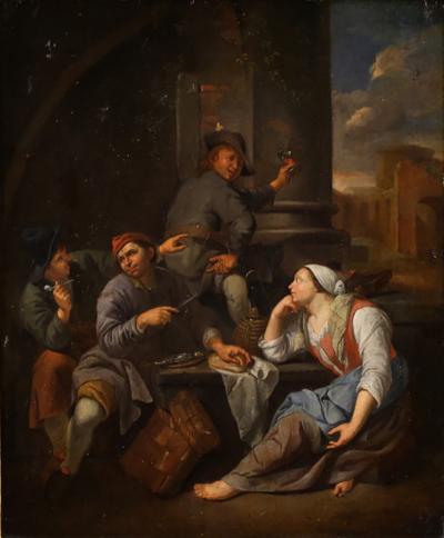 Antique Flemish painting from the 18th century popular genre scene