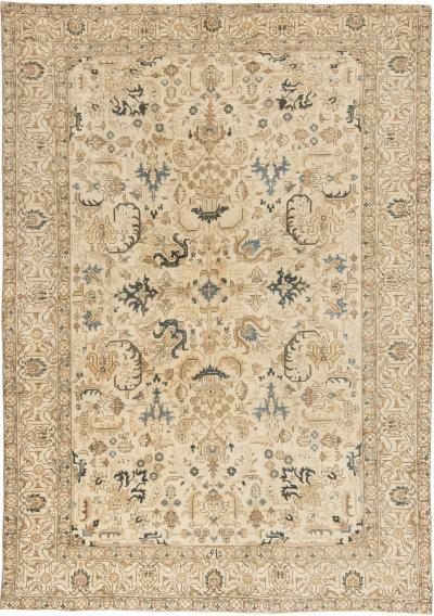 Antique Floral Persian Kirman Camel Light Brown Indigo Blue Handmade Wool Rug