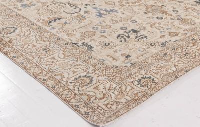 Antique Floral Persian Kirman Camel Light Brown Indigo Blue Handmade Wool Rug