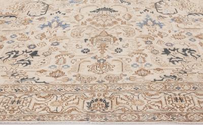Antique Floral Persian Kirman Camel Light Brown Indigo Blue Handmade Wool Rug