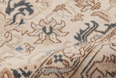 Antique Floral Persian Kirman Camel Light Brown Indigo Blue Handmade Wool Rug