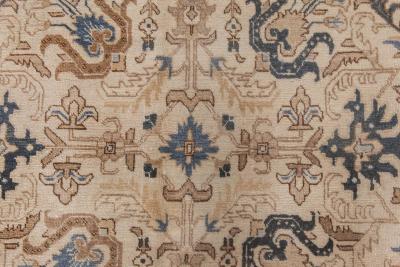 Antique Floral Persian Kirman Camel Light Brown Indigo Blue Handmade Wool Rug