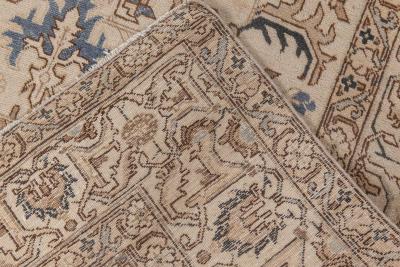 Antique Floral Persian Kirman Camel Light Brown Indigo Blue Handmade Wool Rug