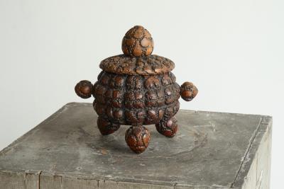 Antique Folk Art Lidded Pot in Carved Wood Early 20th Century